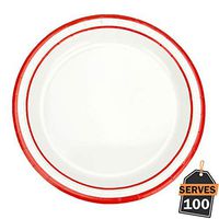 Pack of 100 Red Rim Disposable Paper Plates, Round 7", Everyday Party Supplies for Appetizer, Lunch, Dinner, or Dessert