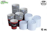 Restaurant Grade 12 Oz Paper Coffee Cups with White Lids - 120 Count By EcoQuality Disposable Cups For Hot and Cold Drinks. Great For Tea, Soda, Shops, Cafes, and Concession Stands