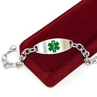 Medical Alert Bracelet for Women, Custom Engraved Medic ID, Steel 6mm O-Link Chain - Green, Free ID Card | Wrist Size 6.5 Inch