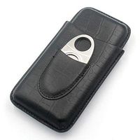 Genuine Leather Cigar Case Exquisite Portable Travel 3 Holders Cigar Humidor Smooth Fabric Interior with Silver Stainless Steel Cutter (Black)