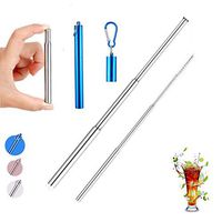 [Scratch-proof] Portable Reusable Straws with Case Collapsible Telescopic Stainless Steel Metal Drinking Straw Cleaning Brush and Keychain Carry (Shine Blue)