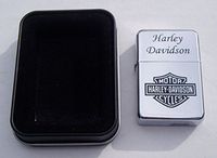 Harley Davidson Motorcycle Logo Engraved Chrome Plated Brass Refillable Lighter in Black tin case