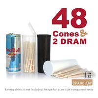 RAW Organic 1 1/4 Cones in 60 Dram Pop Tops | 48 Pre Rolls with Tips in 2 Dram Bottles | Rolling Papers Made with All Natural Fibers with Resusable BPA-Free Dram Container Vial
