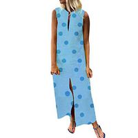 Women's Bohemian Dresses Casual Polka Dot Print Side Slit Swing Maxi Dress Summer Sleeveless Loose Long Dress Plus Size (Light Blue, S)