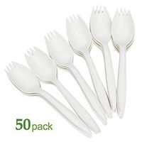 KAISHANE Sporks - 50 Pieces Disposable Cutlery Set Biodegradable Spork Eco Friendly Durable and Heat Resistant Plastic Forks and Spoon, Wrapped Bulk White