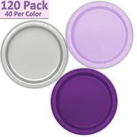 120 Paper Dessert Plates (7") - Lavender, Silver, Deep Purple - 40 Per Color, 3 Colors - Great Assortment for Birthday Parties, Weddings, Holidays, Baby Shower, Celebrations, and more