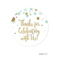 Andaz Press Mint Green Gold Glitter Boy Baby Shower Party Collection, Round Circle Gift Tags, Thank You for Celebrating with US, 24-Pack