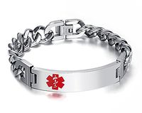 K&Q Jewelry Custom Medical Alert ID Bracelet Tag Stainless Steel Link Chain Wrist with Your Need Information (Free Engraving),8 inches