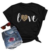 charmsamx Women's L O V E Tee Shirt Cute Arrow Through Heart Print Blouses Casual Short Sleeve O Neck Tunic Top for Daily Summer Valentine's Day Black Leopard XL