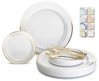 " OCCASIONS" 300 Pcs Set & 60 Guest Wedding Disposable Plastic Plate & Silverware Combo Set (White & Gold Rim plates, Gold Silverware)