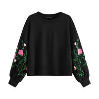 Anxinke Women O-Neck Long Sleeve Botanical Floral Print Sleeve Pullovers Sweatshirt Top(Black,S)