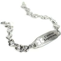 My Identity Doctor Custom Engraved Medical Bracelet 316L Stainless Steel Hearts, Round 2mm Cubic Zirconia - Wrist Size 9 Inch