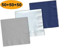 150 Beverage Napkins, Shimmering Silver, Bright White, Navy blue - 50 Each Color. 2 Ply Paper Cocktail Napkins. 5" folded, 10" unfolded.
