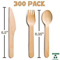 Disposable Wooden Cutlery Sets - 300 Piece Total: 100 Forks, 100 Spoons, 100 Knives, 6" Length Eco Friendly Biodegradable Compostable Wooden Utensils Wooden (300)