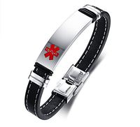 Mealguet Jewelry Free Engraving- Stainless Steel and Leather Medical Alert ID Cuff Bracelet for Men,8.2"