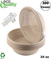 300 Count - 24oz Round Disposable Bowls with Lids and Cutlery - Natural Sugarcane Bagasse Bamboo Fibers Sturdy Compostable Eco Friendly Environmental Paper Plastic Bowl Alternative - Fork,Spoon,Knife