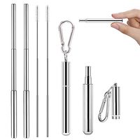 Vencino 2 Pack Reusable Drinking Straws,Food Grade Stainless Steel Telescopic Straws with Portable Key Chain Case and Cleaning Brush(Sliver&Silver)