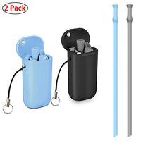Collapsible Reusable Straws Drinking Silicone Foldable Straw with Case 2 Pack Black/Blue