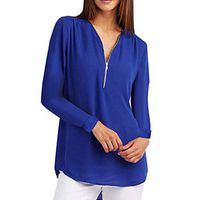 Meikosks Women's V Neck Zipper T Shirt Long Sleeve Tops Plus Size Blouses Solid Color Pullover Blue