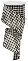 Wide Fabric Ribbon/Christmas Tree Garland, Classic Black and White Houndstooth with Black Wired Edge, 2.5" x 10 Yards