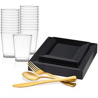 Kaya Collection - Square Black Disposable Plastic Dinnerware Party Package - Includes Dinner Plates, Salad/Dessert Plates, Gold Cutlery, Tumblers (120 Person Package)