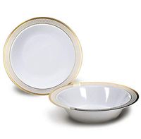 " OCCASIONS" 40 Bowls Pack, Heavyweight Disposable Wedding Party Plastic Bowls (14oz Soup Bowls, Sundance in White & Gold)