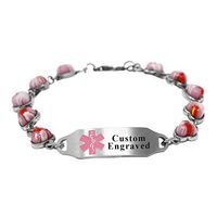 My Identity Doctor - Custom Engraved Medical Alert Bracelet for Women - 5mm Steel, Glass Hearts - Pink - Wrist Size 8 Inch