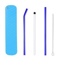 Boao Straight and Bent Glass Straws Set Reusable Colored Glass Drinking Straws, Muddler Stick Private Portable Case Included, Navy Blue