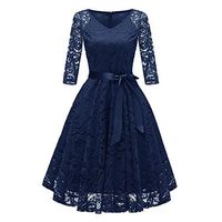 Women Vintage Princess Floral Lace Cocktail V-Neck Party A-line Swing Dress