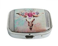 XUTAI Custom Personalized Square Stainless Steel Silver Glass Travel Pill Case Vitamin Decoration Box (Colorful Watercolor Floral Bull Skull)