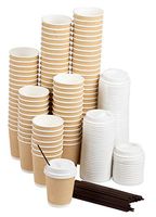 Disposable Kraft Paper Insulated Coffee Cups with Lids and Stirring Straws (8 oz, 100 Pack)