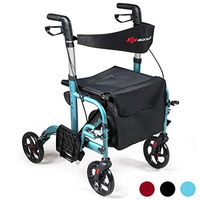 GOPLUS 2 in 1 Folding Rollator Walker, 4 Wheel Medical Rolling Walker with Adjustable Handle and Carry Bag for Adult, Senior, Elderly & Handicap, Aluminum Transport Chair Mobility Rollator (Blue)