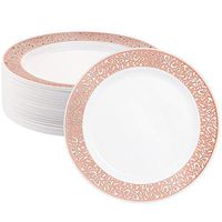 50 Plastic Disposable Dessert/Appetizer Plates | 7.5 inches White with Rose Gold Lace Rim Real China Look | Ideal for Weddings, Parties, Catering | Heavy Duty & Non Toxic (50-Pack) by BloominGoods
