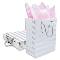 12-Pack Foldable Cardstock Paper Gift Bags with Handles (Small 7", Metallic Silver Foil Stripes) for Presents, Retails or Party Favors by TheDisplayGuys