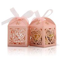COTOPHER 60 Pack Love Heart Laser Cut Candy Boxes Wedding Party Favor Boxes Small Gift Boxes for Wedding Bridal Shower Baby Shower Birthday Party (60, Pink)