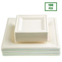 Kikigreen Bagasse Square Compostable Plates [100-pack] Dessert Disposable White Paper Plates Made Of Sugarcane (10 and 7 inch)
