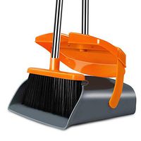 Chouqing Broom and Dustpan Set with Lid, Super Long Handle Stainless Steel & Light Weight Lobby Broom, Upright Dust Pan with Teeth, Ideal for Dog Cat Pets Home Kitchen Office Use (Gray & Orange)