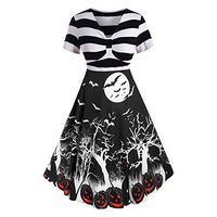 Womens Halloween Dresses Sleeveless A-Line Vintage Dress Witch Pumpkin Skull Printed Cocktail Swing Party Dress Costumes Black