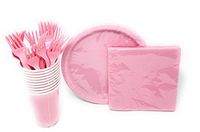 PartyDeiz Pink Party Supplies Bundlle. Serves 20 guest. Paper Plates, Cups, Forks & Napkins. Happy Birthday, Baby Shower Pink Girl (Pink Bundle)