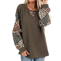 Sunhusing Women's Casual Round Neck Ethnic Style Small Floral Print Long Sleeve Lantern Sleeve Pullover Top(Green,L)