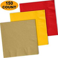 150 Lunch Napkins, Glittering Gold, Sunshine Yellow, Red - 50 Each Color. 2 Ply Paper Dinner Napkins. 6.5" folded, 13.5" unfolded.
