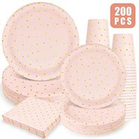 Pink and Gold Party Supplies - 200PCS Pink Paper Plates Disposable Dinnerware Set Gold Dots 50 Dinner Plates 50 Dessert Plates 50 9oz Cups 50 Napkins Sweet Wedding Birthday Party Baby Shower Christmas