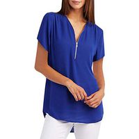Meikosks Ladies Summer Tops V Neck Zipper Loose T-Shirt Plus Size Short Sleeve Blouses Solid Tees