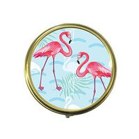 Pink Flamingo And Plam Leaves Custom Fashion Bronze Tone Round Pill Box Medicine Tablet Holder Wallet Organizer Case for Pocket or Purse
