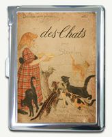 Antique French Bookcover des Chats Cigarette Case Built in Lighter Wallet Card Holder