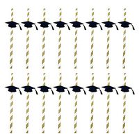 16pcs Creative Trencher Cap Flexible Bendable Drinking Straws Decorative Disposable Straws Graduation Celebrating Themed Party Decorative (Black)