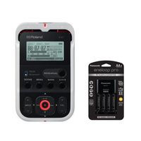 Roland R-07 Portable High-Resolution Audio Recorder White - with Panasonic Charger with 4 Pro Eneloop AA Size Batteries