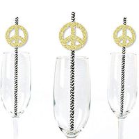 Gold Glitter Peace Sign Party Straws - No-Mess Real Gold Glitter Cut-Outs and Decorative 60's Hippie Groovy Party Paper Straws - Set of 24