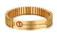 VNOX Gold Plated Stainless Steel Medical Aert ID NO Needles OR BP This ARM Watch Band Strentch Bracelet,7"-7.2"