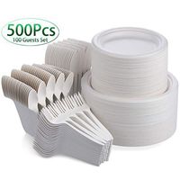 Fuyit 500Pcs Disposable Dinnerware Set for 100 Guests, Compostable Sugarcane Cutlery Eco-Friendly Tableware Includes Biodegradable Paper Plates, Forks, Knives and Spoons for Party, BBQ, Picnic (White)